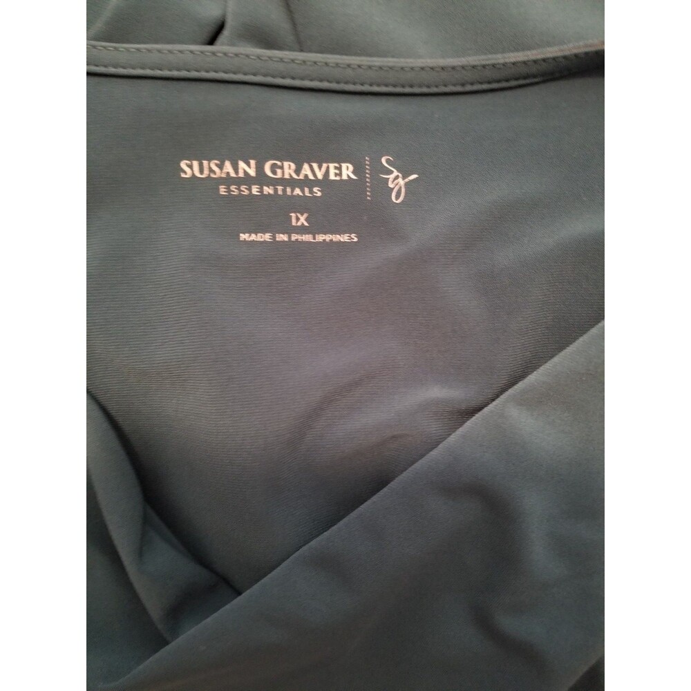 Susan Graver Women's Top Shirt Size 1X Green Drape Neck 3/4 Sleeve Liquid Knit - Picture 4 of 5